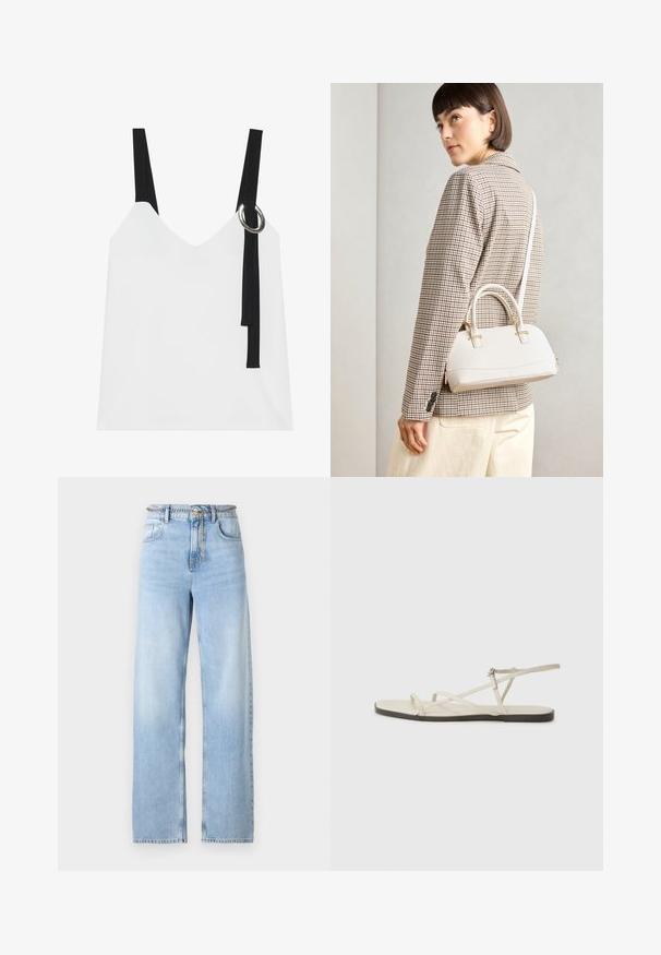 Top sem mangas branco com decote em V, apresentando alças pretas e um detalhe em forma de argola prateada. Tecido suave e um design moderno e minimalista.; Jeans de perna larga azul claro feitos de denim, com uma cintura alta, bolsos frontais e um cinto de corrente como detalhe. Textura suave com ligeiro desgaste.; Sandália plana bege com várias tiras finas e uma fivela ajustável. A sola é plana com um leve contraste escuro na borda.; Bolsa estruturada branca com alças curtas e uma alça de ombro, com detalhes em hardware dourado e material texturizado, exibida contra um fundo cinza.