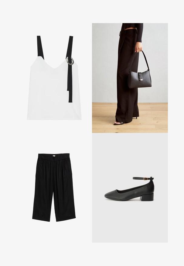 Top bianco senza maniche con scollo a V, caratterizzato da spalline nere e un dettaglio ad anello argentato. Tessuto liscio e design moderno e minimalista.; Pantaloni culotte neri con vita elastica, dotati di tasche laterali e un tessuto leggero e morbido. Il design è ampia e comoda.; Pump in pelle nera con punta affusolata e tacco basso a blocco. Presenta una cinghia alla caviglia con una fibbia in tonalità oro. Texture liscia.; Borsa nera con forma strutturata, texture liscia e una chiusura metallica. Abbinata a pantaloni neri larghi e sandali open-toe su un pavimento in legno.