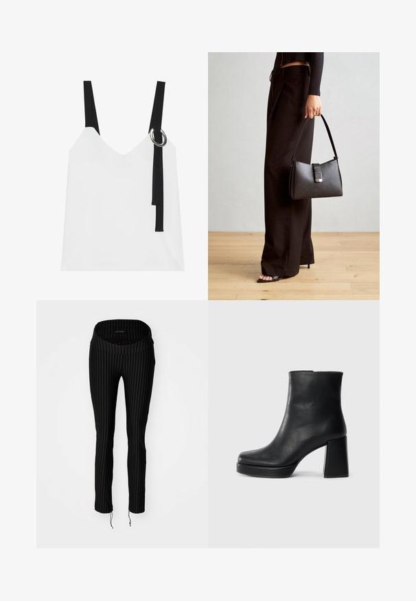 Haut sans manches blanc avec un col en V, comportant des bretelles noires et un détail en anneau argenté. Tissu lisse et design moderne et minimaliste.; Pantalons noirs à rayures, avec une taille large et pliée et des ourlets à cordon de serrage. Fabriqués dans un matériau extensible, offrant une silhouette ajustée.; Bottine en cuir noir avec un talon bloc et une semelle plateforme, vue de côté sur un fond blanc uni.; Sac à main noir à la forme structurée, texture lisse et fermoir métallique. Associé à un pantalon noir ample et des sandales ouvertes sur un sol en bois.