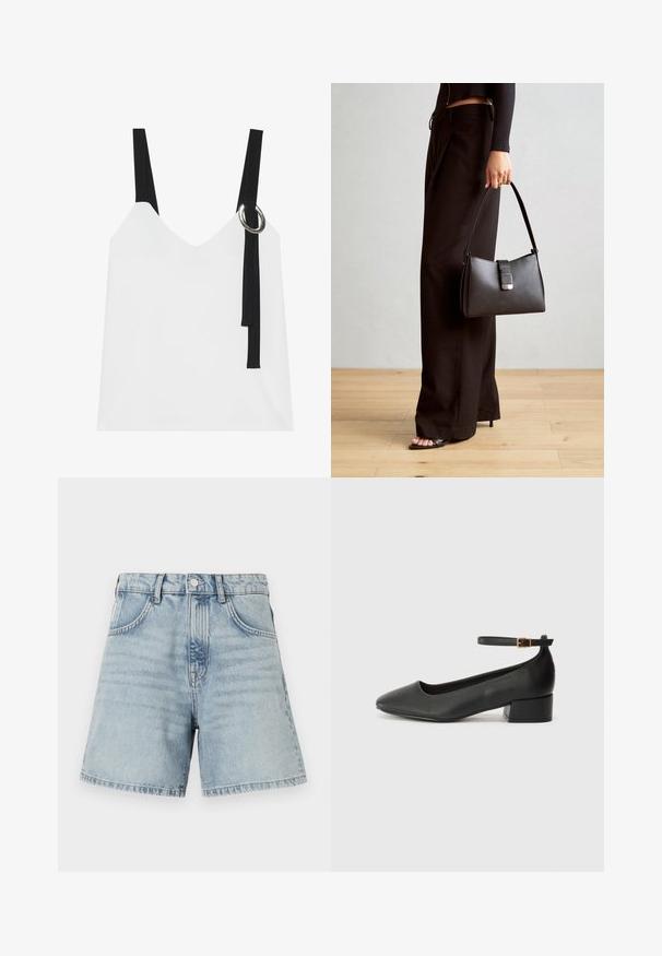 Top alb fără mâneci, cu decolteu în V, având bretele negre și un detaliu cu inel argintiu. Țesătură netedă și un design modern, minimalist.; Șorturi din denim de culoare bleu deschis, cu talie înaltă, design cu cinci buzunare și tiv brut. Materialul are o ușoară decolorare, cu detalii de cusătură vizibile.; Pantof cu toc negru din piele, cu vârf ascuțit și toc mic pătrat. Dispune de o curea la gleznă cu o cataramă în tonuri de aur. Textură netedă.; Genți negre cu o formă structurată, textură netedă și un închizător metalic. Asortată cu pantaloni negri largi și sandale cu vârf deschis pe un podea din lemn.