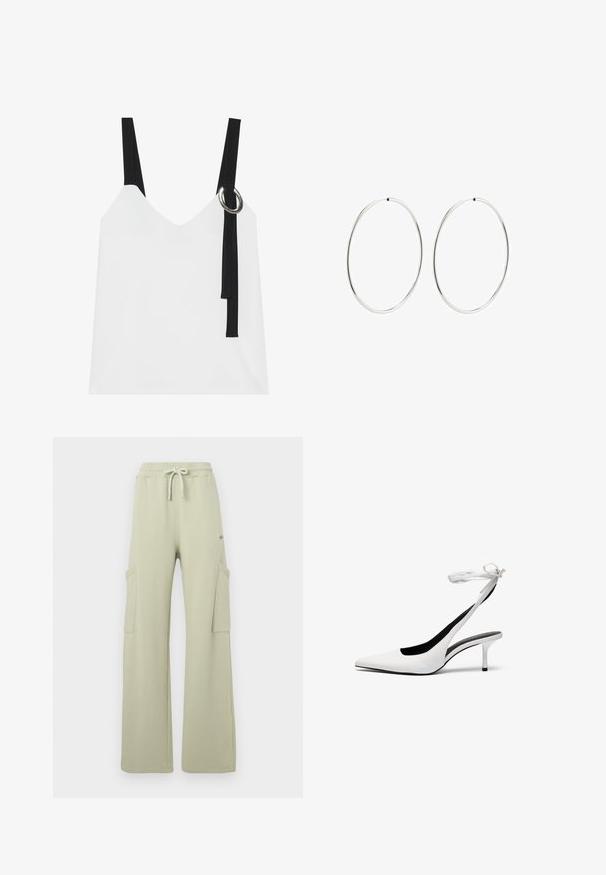 Bela brezrokavnika s V-izrezom, ki ima črne naramnice in srebrno okrasno obrobo. Gladka tkanina in sodoben, minimalističen dizajn.; Svetlo zeleni bombažni trenerki s pasom na vezalko, širokimi hlačnicami in dvema stranskima žepoma za cargo. Gladka tekstura brez vidnih vzorcev.; Bele stiletto sandale z odprtim nosom in tankim zapenjanjem okoli gležnja. Gladek usnjen material, tanki stiletto pete in črna notranja podloga.; Srebrne obročaste uhane z gladkim, okroglim dizajnom in poliranim zaključkom. So tanke in lahke, z enostavnim zapiranjem na sponko.