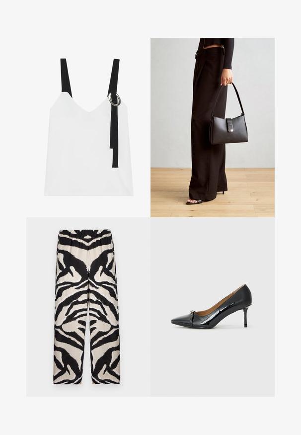 Valge ilma varrukateta top, millel on V-kujuline kaelus, mustade rihmade ja hõbedase rõngaste detailiga. Sile kangas ja kaasaegne, minimalistlik disain.; Mustri musta ja beež laiade jalgadega püksid elastse vöökoha ja julgete zebra triipudega disainiga sujuvast kangast.; Must musta korkeakorkoiset kengät läpikuultavasta mustasta mokasta, joissa on teräväpäinen kärki, koristeellinen nauha edessä ja ohut stilettokorko.; Must musta kott, millel on struktureeritud kuju, sile tekstuur ja metallist klamber. Kombineeritud laiate mustade pükstega ja avatud varvaste sandaalidega puidust põrandal.