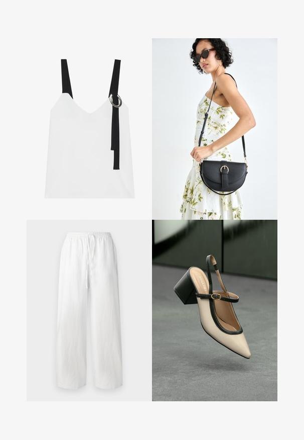 Valge ilma varrukateta top, millel on V-kujuline kaelus, mustade rihmade ja hõbedase rõngaste detailiga. Sile kangas ja kaasaegne, minimalistlik disain.; Valged laia säärega püksid, millel on elastne vöökoht ja drawstring. Valmistatud kergest kangast, millel on sile tekstuur. Ilma mustriteta või rõhktdetailideta.; Beesidega teravatoe slingback king, musta äär ja kuldne pandla, tummise plokk-kontsa peal hallil põrandal tumesinise tausta ees.; Mustmust mustraha kõverate joontega, eemaldatava rihmaga ja kuldsete detailidega. Kotil on klapp, millel on pandladetail.