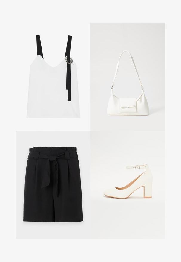 Top alb fără mâneci, cu decolteu în V, având bretele negre și un detaliu cu inel argintiu. Țesătură netedă și un design modern, minimalist.; Pantaloni scurți negri, la comandă, cu talie înaltă, având un cordon legat, pliseuri și o textură de țesătură netedă.; Pantof de damă alb cu toc înalt, vârful ascuțit, toc pătrat și curea la gleznă. Finisaj neted cu un ușor luciu și căptușeală bej.; Geantă sintetică albă, cu formă triangulară, capac frontal plat și detaliu cu fundă, curea ajustabilă, textură netedă și design minimalist.