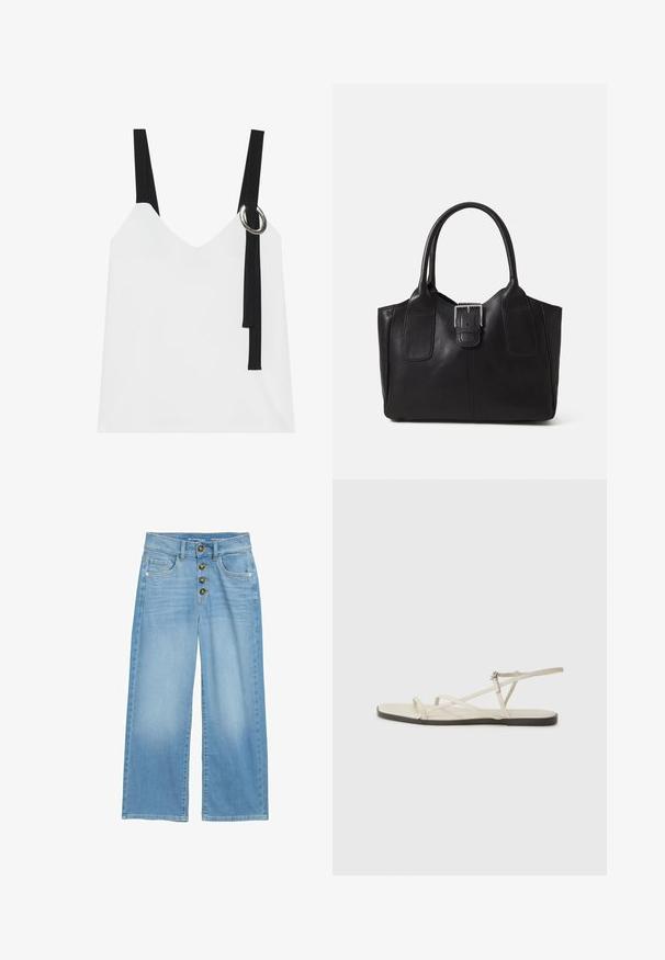 Top alb fără mâneci, cu decolteu în V, având bretele negre și un detaliu cu inel argintiu. Țesătură netedă și un design modern, minimalist.; Jeans de denim albastre deschis, cu picioare ample, având talie înaltă, închidere frontală cu cinci butoane și două buzunare frontale. Textură netedă pe tot parcursul.; Sandalie plate bej cu multiple bretele subțiri și o cataramă ajustabilă. Talpa este plată, cu un ușor contrast întunecat la margine.; Geantă tote din piele neagră cu textură netedă, formă structurată, două mânere și un detaliu proeminent din aliaj de argint pe partea din față.