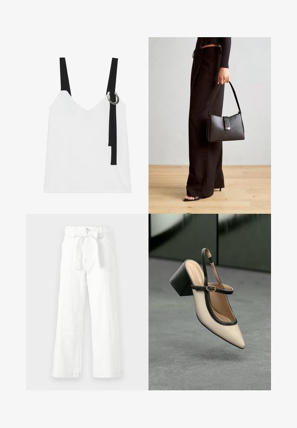 Balta bez piedurknēm topa ar V-veida kakla izgriezumu, ar melnām siksnām un sudraba gredzenu. Gluda auduma un mūsdienīgs, minimālistisks dizains.; Balti kokvilnas bikses ar platiem galiem, ar priekšējo saitīti jostasvietā, sānu kabatām un redzamām šuvju detaļām.; Beige smailā purngalā siksnu kurpe ar melnu akcentu, zelta sprādzi un masīvu bloku papēdi uz pelēka grīdas ar tumši zaļu fonu.; Melnā somiņa ar strukturētu formu, gludu tekstūru un metālu sprādzi. Saskaņota ar platām melnām biksēm un sandālēm ar atvērtu purngalu uz koka grīdas.