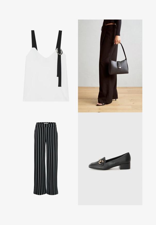 Valge ilma varrukateta top, millel on V-kujuline kaelus, mustade rihmade ja hõbedase rõngaste detailiga. Sile kangas ja kaasaegne, minimalistlik disain.; Mustmustrokked mustriided pükste puhul on vertikaalsed sinised triibud, lai jalgade disain ja elastne vöökoht. Siledat tekstuuri, nähtavaid kinnitusi pole.; Mustad nahast loafers madala kontsaga, millel on esiküljel dekoratiivne kuldne detalj ja sile tekstuur.; Must musta kott, millel on struktureeritud kuju, sile tekstuur ja metallist klamber. Kombineeritud laiate mustade pükstega ja avatud varvaste sandaalidega puidust põrandal.