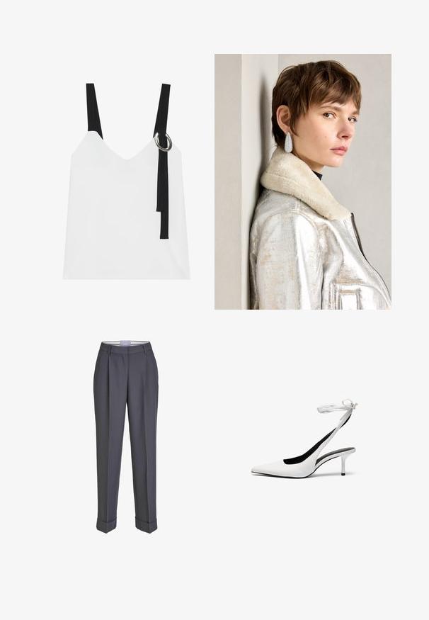 Balta bez piedurknēm topa ar V-veida kakla izgriezumu, ar melnām siksnām un sudraba gredzenu. Gluda auduma un mūsdienīgs, minimālistisks dizains.; Tumši pelēki piegriezti bikses ar taisnas kājas dizainu, ar plecu priekšpusi un pārceltām aprocēm. Izgatavotas no gludas auduma, ar klasisku jostasvietu.; Baltas, ar norādītu pirkstu, ar siksniņu ap potīti. Gluda ādas virsma, plāns stiletto papēdis un melna iekšējā oderējums.; Sudraba metāla ādas jakas ar aitu vilnas apkakli, piedāvā rāvējslēdzēju un teksturētu virsmu. Lielas asaru formas auskari ar caurspīdīgiem dārgakmeņiem.