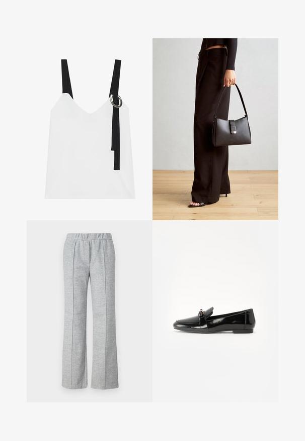 Top bianco senza maniche con scollo a V, caratterizzato da spalline nere e un dettaglio ad anello argentato. Tessuto liscio e design moderno e minimalista.; Pantaloni grigi a gamba larga realizzati in tessuto testurizzato; presentano una vita elastica e dettagli plissettati nella parte anteriore. Design pulito e minimale.; Mocassino in pelle verniciata nera con suola piatta, punta arrotondata e una fascia decorativa con accento in tonalità oro. Finitura liscia e lucida.; Borsa nera con forma strutturata, texture liscia e una chiusura metallica. Abbinata a pantaloni neri larghi e sandali open-toe su un pavimento in legno.