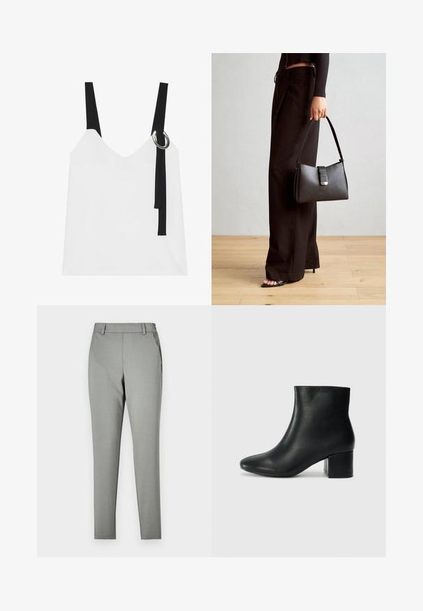 Biała bezrękawnikowa bluzka z dekoltem w serek, z czarnymi ramiączkami i srebrnym detalem w kształcie pierścienia. Gładki materiał i nowoczesny, minimalistyczny design.; Jasnoszare spodnie o dopasowanym kroju, wykonane z gładkiego materiału. Posiadają pas z szlufkami na pasek oraz boczne kieszenie, zwężający się krój nogawek.; Czarne skórzane botki za kostkę z ostrym noskiem i masywnym obcasem. Gładka tekstura z minimalnymi akcentami i elegancki, dopasowany fason.; Czarna torebka o usztywnionym kształcie, gładkiej fakturze i metalowym zapięciem. Połączona z szerokimi czarnymi spodniami i sandałami na otwartym palcu na drewnianej podłodze.