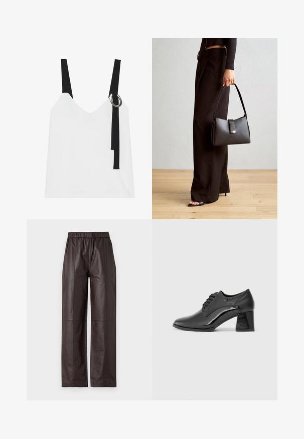Haut sans manches blanc avec un col en V, comportant des bretelles noires et un détail en anneau argenté. Tissu lisse et design moderne et minimaliste.; Pantalons en cuir marron à jambe large avec une taille élastique et une texture lisse, présentant des coutures sur le devant et l'arrière.; Chaussures noires en cuir verni avec un bout arrondi, un laçage et un talon rectangulaire épais. Texture lisse avec une finition brillante.; Sac à main noir à la forme structurée, texture lisse et fermoir métallique. Associé à un pantalon noir ample et des sandales ouvertes sur un sol en bois.