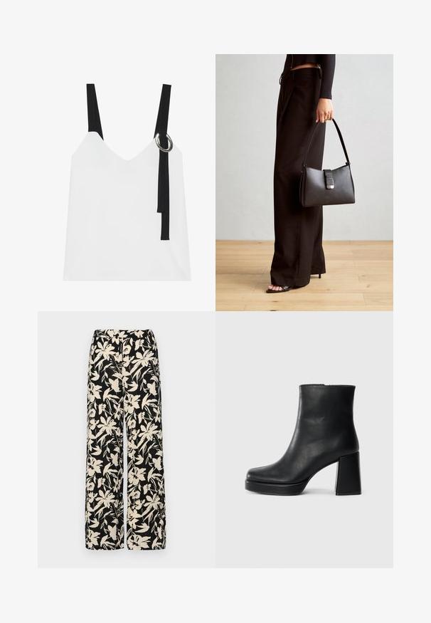 Bela brezrokavnika s V-izrezom, ki ima črne naramnice in srebrno okrasno obrobo. Gladka tkanina in sodoben, minimalističen dizajn.; Črne široke hlače z kremnim cvetličnim vzorcem. Narejene so iz lahkega blaga, ki ima gladko teksturo in visok pas.; Črne usnjene gležnjarje z blok peto in platformo, prikazane s strani na enobarvni beli podlagi.; Črna torbica z strukturirano obliko, gladko teksturo in kovinskim zaponko. Ujemajo se z širokimi črnimi hlačami in odprtimi sandali na lesenem tleh.