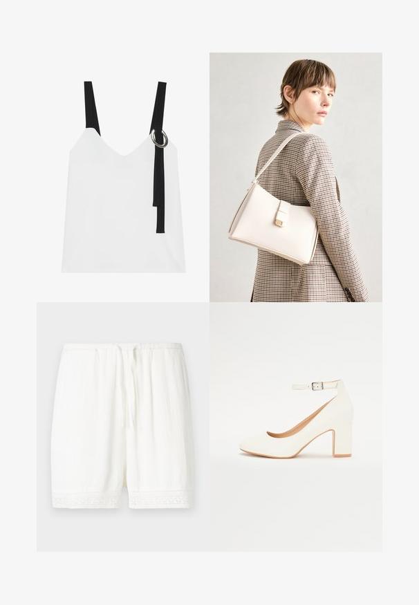 Top bianco senza maniche con scollo a V, caratterizzato da spalline nere e un dettaglio ad anello argentato. Tessuto liscio e design moderno e minimalista.; Pantaloni corti bianchi realizzati in un tessuto leggero, con una finitura texturizzata e un bordo in pizzo all'orlo. Vita elasticizzata con coulisse regolabile.; Scarpa bianca con tacco alto, punta affusolata, tacco blocco e cinturino alla caviglia. Finitura liscia con una leggera lucentezza e rivestimento interno beige.; Borsa a mano in pelle bianca con un design strutturato, presente di un clasp magnetico e una tracolla, esposta su uno sfondo neutro.