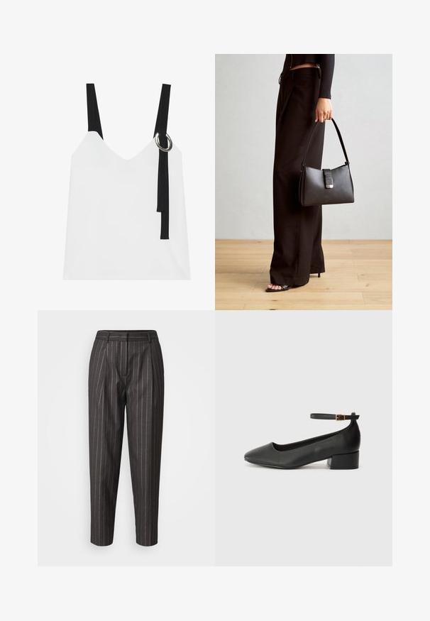 Top blanco sin mangas con escote en V, con tirantes negros y un detalle de anillo plateado. Tejido suave y un diseño moderno y minimalista.; Pantalones de traje gris oscuro con rayas verticales blancas, con frente plisado y piernas ajustadas. Hechos de una tela suave con pasadores para cinturón.; Zapato de tacón negro de cuero con punta afilada y tacón bajo cuadrado. Presenta una correa para el tobillo con una hebilla en tono dorado. Textura suave.; Bolso negro con forma estructurada, textura suave y un cierre metálico. Combinado con pantalones anchos negros y sandalias de dedo en un suelo de madera.