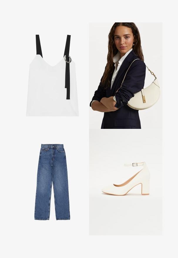 White sleeveless top with a V-neck, featuring black straps and a silver ring detail. Smooth fabric and a modern, minimalist design.; Denim jeans with a high waist and wide legs, featuring a classic blue wash, visible stitching, and metal hardware on the front pocket.; White high-heeled shoe with a pointed toe, block heel, and ankle strap. Smooth finish with a subtle shine and beige inner lining.; White leather handbag with a curved shape, gold hardware, and a textured finish, worn over a dark blazer and white shirt.