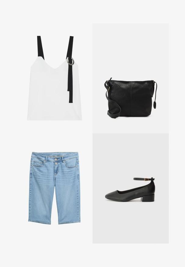 Bela brezrokavnika s V-izrezom, ki ima črne naramnice in srebrno okrasno obrobo. Gladka tkanina in sodoben, minimalističen dizajn.; Svetlo modri jeans Bermuda šortsi s srednjim pasom, dvema sprednjima žepoma in dvema gumboma za zapiranje. Gladka tekstura in ravno krojenje.; Črne usnjene pumpice z nazobčanimi prsti in nizko blokasto peto. Imajo trak okoli gležnja z zaponko v zlatem tonu. Gladka tekstura.; Črna usnjena torbica čez telo s ravno obliko, z zlatimi kovinskimi dodatki in nastavljivim trakom. Gladka tekstura z minimalnimi šivi.