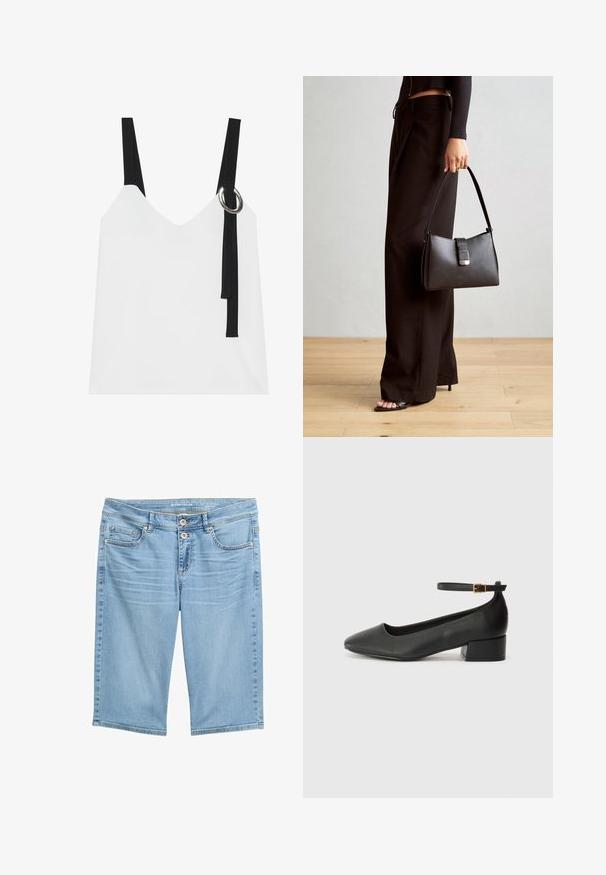 Balta be rankovių palaidinė su V formos iškirpte, su juodomis petnešomis ir sidabriniu žiedu. Sklandus audinys ir modernus, minimalistinis dizainas.; Šviesiai mėlynos džinsinės bermudų šortai su vidutinio aukščio juosmeniu, dviem priekinių kišenėmis ir dviem mygtukais. Lygus paviršius ir tiesus siluetas.; Juodas odinis aukštakulnis batelis su smailiu pirštu ir žemu bloku. Su kulkšnies dirželiu su auksinės spalvos sagtimi. Lygus paviršius.; Juodas rankinė struktūrizuota forma, lygi tekstūra ir metalinis užsegimas. Suporuota su plačiomis juodomis kelnėmis ir atvirais bateliais ant medinių grindų.