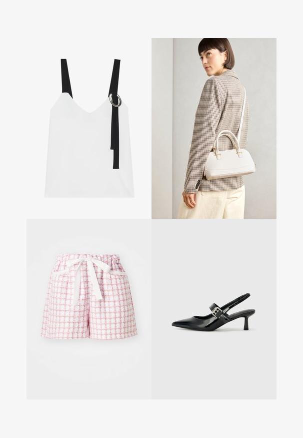 Weißes ärmelloses Top mit V-Ausschnitt, ausgestattet mit schwarzen Trägern und einem silbernen Ringdetail. Glatte Stoffoberfläche und ein modernes, minimalistisches Design.; Weiße und rosa karierte Shorts aus strukturiertem Stoff, mit einem elastischen Bund und einer gebundenen Schleife vorne. Zwei Seitentaschen.; Schwarze Lackleder Slingback-Absätze mit spitzem Zeh und kleinem Blockabsatz, ausgestattet mit einem silbernen Schnallenakzent am Riemen.; Weiße strukturierte Handtasche mit kurzen Griffen und einem Schultergurt, ausgestattet mit goldfarbenen Hardware-Elementen und strukturiertem Material, vor einem grauen Hintergrund präsentiert.