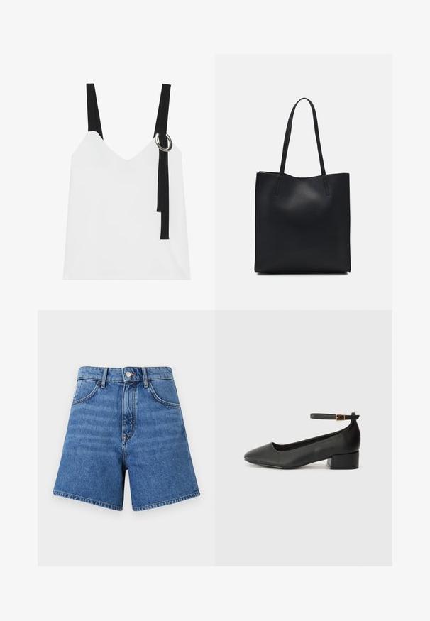 White sleeveless top with a V-neck, featuring black straps and a silver ring detail. Smooth fabric and a modern, minimalist design.; Denim shorts in medium blue, featuring a high waist, five pockets, and contrast stitching. The fabric has a smooth texture and straight-cut legs.; Black leather pump with a pointed toe and a low block heel. Features an ankle strap with a gold-tone buckle. Smooth texture.; Black leather tote bag with smooth texture, rectangular shape, and two long handles. No visible hardware or embellishments.