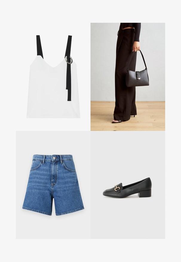 Haut sans manches blanc avec un col en V, comportant des bretelles noires et un détail en anneau argenté. Tissu lisse et design moderne et minimaliste.; Shorts en denim de bleu moyen, dotés d'une taille haute, de cinq poches et de coutures contrastées. Le tissu a une texture lisse et des jambes droites.; Mocassins en cuir noir avec un talon plat, présentant un détail décoratif en métal doré à l'avant et une texture lisse.; Sac à main noir à la forme structurée, texture lisse et fermoir métallique. Associé à un pantalon noir ample et des sandales ouvertes sur un sol en bois.