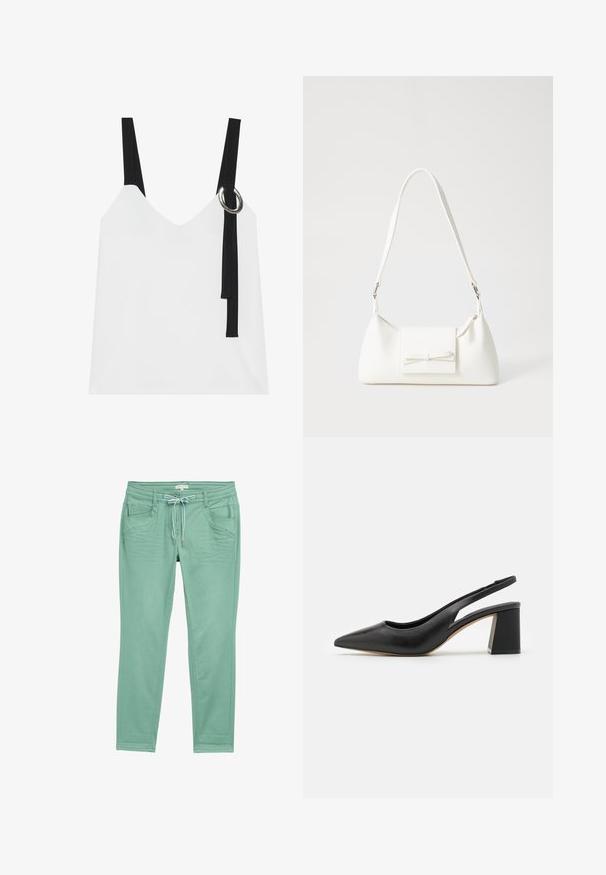 Biely top bez rukávov s výstrihom do V, s čiernymi popruhmi a strieborným krúžkovým detailom. Hladká látka a moderný, minimalistický dizajn.; Nohavice v mätovej farbe vyrobené z jemnej tkaniny, s elastickým pásom na šnúrku, dvoma prednými vreckami a jemnými prešívacími detailmi pozdĺž bočných švov.; Čierne kožené slingback lodičky s špicatou špičkou, výrezom na dizajn a robusným blokovým podpätkom. Hladká textúra s minimalistickou estetikou.; Biela syntetická kabelka s trojuholníkovým tvarom, plochým predným klapkou a detailom mašle, nastaviteľným popruhom, hladkou textúrou a minimalistickým dizajnom.
