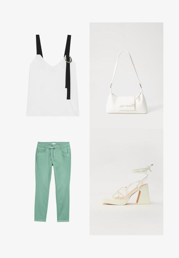 Witte mouwloze top met een V-hals, voorzien van zwarte straps en een zilveren ringdetail. Glad materiaal en een modern, minimalistisch ontwerp.; Muntgroene broek van zachte stof, met een trekkoord in de taille, twee voorzakken en subtiele stiksels langs de zijnaad.; Witte hoge hakken sandaal met een chunky hak, met een bandjesontwerp en enkelband. Gladde textuur met een plateau voor extra hoogte.; Witte synthetische handtas met een driehoekige vorm, platte voorklep en strikdetail, verstelbare schouderriem, gladde textuur en minimalistisch ontwerp.
