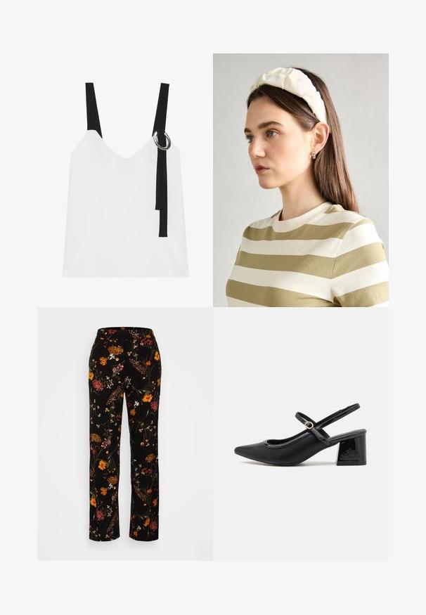 Λευκή αμάνικη μπλούζα με V-λαιμόκοψη, με μαύρους ιμάντες και λεπτομέρεια από ασημένιο δαχτυλίδι. Λείο ύφασμα και σύγχρονος, μινιμαλιστικός σχεδιασμός.; Φλοράλ εκτύπωση παντελόνα σε μαύρο, με πολυχρωμα flowers, ελαστική μέση και λεία υφή υφάσματος.; Μαύρα παπούτσια γοβάκια από πατενταρισμένο δέρμα με γωνιαστό μπροστινό μέρος, στρογγυλή κοπή και τετράγωνο τακούνι. Διαθέτουν μια χρυσή αγκράφα ως διακοσμητικό στοιχείο.; Κρεμ λαστιχένια κορδέλα με πλεγμένο σχέδιο, συνδυασμένη με μπλούζα σε μπεζ και λευκές ρίγες που διαθέτει στρογγυλή λαιμόκοψη. Διακριτικά αξεσουάρ κοσμημάτων.
