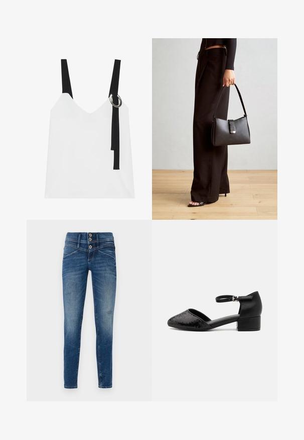 Bijela bezrukavna majica s V-izrezom, s crnim trakama i detaljem srebrnog prstena. Glatka tkanina i moderan, minimalistički dizajn.; Uske traperice u tamnoplavom denimu s izbljeđelim završetkom, koriste visok struk, dvostruko dugme za zatvaranje i izgužvane detalje na nogama.; Crna cipela na remen s uskim vrhom, s teksturiranim gornjim dijelom i niskom blok-nadleptom radi stabilnosti. Materijal je mješavina meke kože i sintetičkog platna.; Crna torba s oblikom koji sadrži strukturu, glađu teksturu i metalnu kopču. Uparena s širokim crnim hlačama i sandalama na otvorenom s drvenog poda.