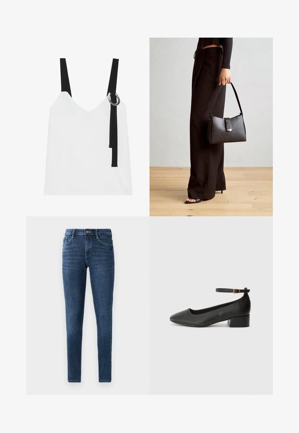 Balta bez piedurknēm topa ar V-veida kakla izgriezumu, ar melnām siksnām un sudraba gredzenu. Gluda auduma un mūsdienīgs, minimālistisks dizains.; Tumši zili džinsa skinny bikses ar klasisku piecu kabatu dizainu, priekšējo pogu aizdari un smalkiem dūriena akcentiem. Gluda tekstūra visā bikses garumā.; Melnas ādas sūkņi ar smailu purngalu un zemu bloku papēdi. Iezīmēts ar potītes siksniņu ar zelta krāsas sprādzi. Gluda tekstūra.; Melnā somiņa ar strukturētu formu, gludu tekstūru un metālu sprādzi. Saskaņota ar platām melnām biksēm un sandālēm ar atvērtu purngalu uz koka grīdas.