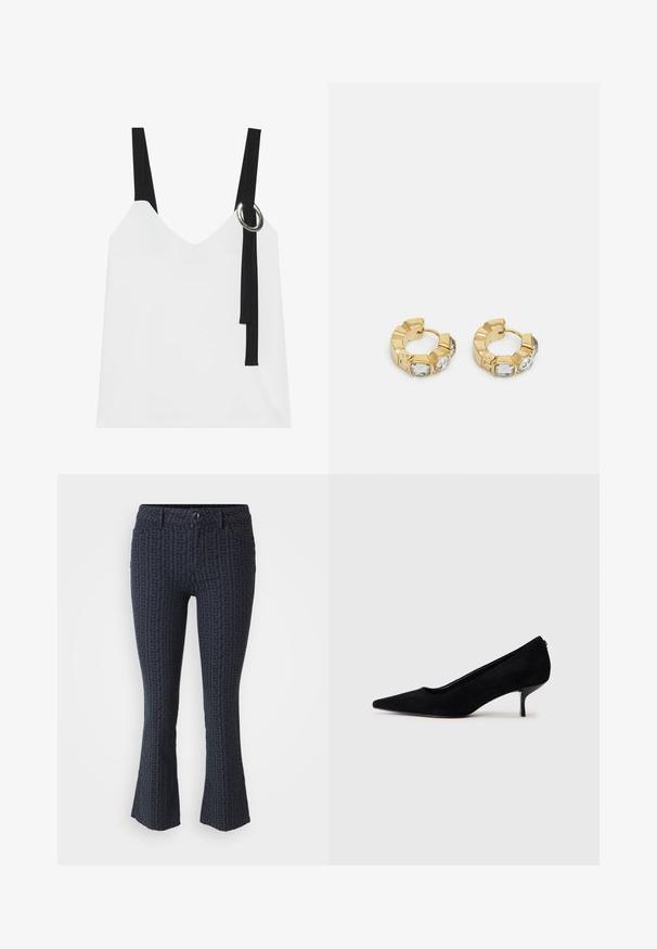 Haut sans manches blanc avec un col en V, comportant des bretelles noires et un détail en anneau argenté. Tissu lisse et design moderne et minimaliste.; Jeans évasés bleu marine avec un motif géométrique en relief. Comprend une fermeture à bouton, cinq poches et un tissu texturé.; Chaussure à talon haut en suede noir avec un bout pointu et un talon fin et bas. Texture lisse avec un design épuré, sans matériel visible.; Boucles d'oreilles créoles en or avec un design texturé et trois accents de cristal clair d'un côté, offrant une esthétique géométrique moderne.
