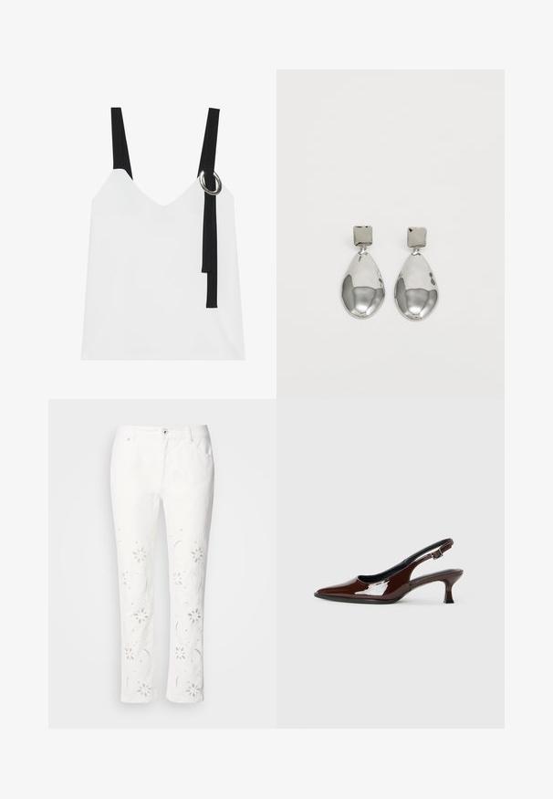 Valkoinen hihaton paita, jossa on V-pääntie, mustat hihnat ja hopeinen renkaallinen yksityiskohta. sileä kangas ja moderni, minimalistinen muotoilu.; Valkoiset puuvillahousut, joissa on kukkakirjontaa säärillä, suora leikkaus ja napitettava vyötärö.; Ruske patentin nahkalijatke sa špicastim nosom i umjerenom petom. Sadrže remen s kopčom za sigurno pristajanje. Glatka tekstura.; Hopeakoru drop -korvakorut, joissa on neliömuotoinen nappi, sileällä, kiillotetulla pinnalla ja pisaran muotoisella designilla, heijastavat valoa kiiltävän pinnan kautta.