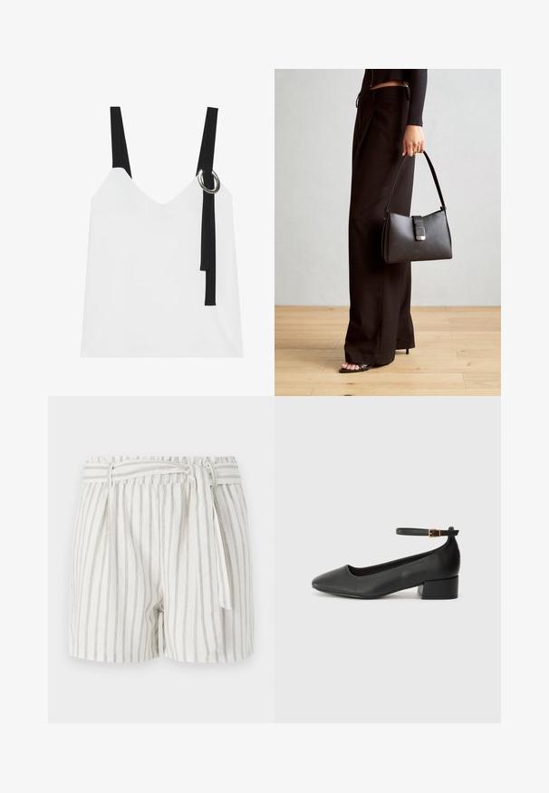 Hvid ærmeløs top med V-udskæring, som har sorte stropper og en sølvringdetalje. Glat stof og et moderne, minimalistisk design.; Hvide stribede shorts med grå striber, elastisk talje og en bundet detalje foran. Letvægtsstof med en afslappet pasform.; Sorte læderpumper med spids tå og en lav blokhæl. Har en ankelrem med en guldfarvet spænde. Glat tekstur.; Sort håndtaske med struktureret form, glat overflade og metalspænde. Sammen med brede sorte bukser og sandaler med åben tå på trægulv.