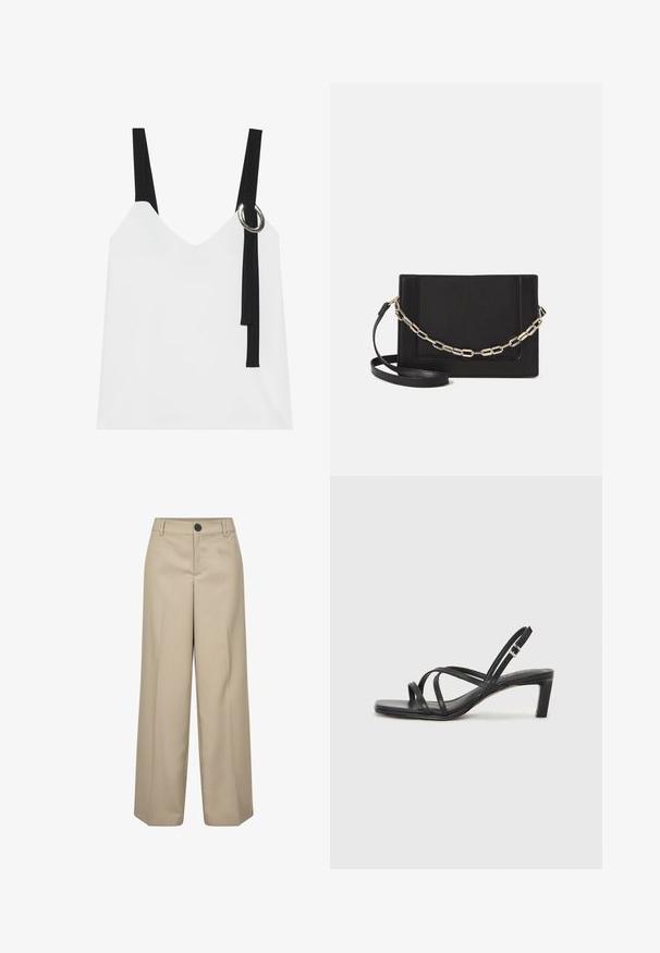 White sleeveless top with a V-neck, featuring black straps and a silver ring detail. Smooth fabric and a modern, minimalist design.; Beige high-waisted wide-leg trousers with a single front button, belt loops, and pressed creases. Smooth texture and tailored silhouette.; Black strappy sandal with a square toe and a low block heel. Features multiple thin straps and an adjustable ankle strap. Made of smooth leather.; Black leather crossbody bag featuring a smooth texture, rectangular shape, and a metallic chain detail on the front. Adjustable strap included.