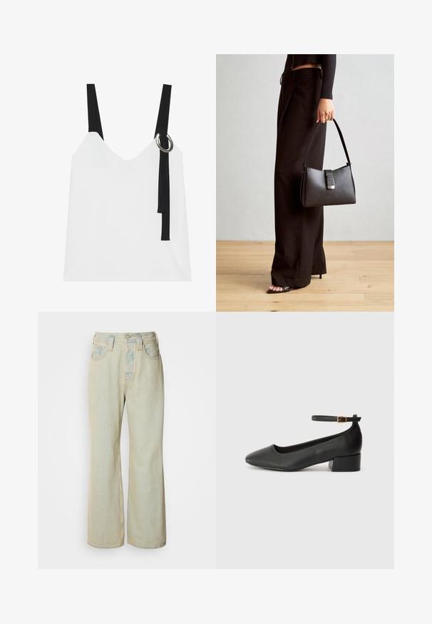 Haut sans manches blanc avec un col en V, comportant des bretelles noires et un détail en anneau argenté. Tissu lisse et design moderne et minimaliste.; Jean large bleu clair en denim, avec une taille haute, cinq poches, et un léger délavage avec des accents de couture contrastante.; Escarpin en cuir noir avec un bout pointu et un petit talon bloc. Doté d'une bride de cheville avec une boucle dorée. Texture lisse.; Sac à main noir à la forme structurée, texture lisse et fermoir métallique. Associé à un pantalon noir ample et des sandales ouvertes sur un sol en bois.; Boucles d'oreilles en argent avec un design rond et épuré, présentant une surface lisse et sans embellissements visibles. Diamètre non spécifié.