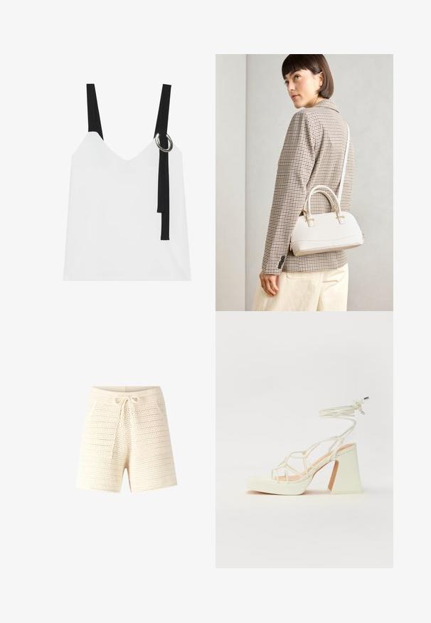 Witte mouwloze top met een V-hals, voorzien van zwarte straps en een zilveren ringdetail. Glad materiaal en een modern, minimalistisch ontwerp.; Crème-kleurige gebreide shorts met een gestructureerde, open weving. Voorzien van een koord in de taille en twee voorzakken. Casual ontwerp, middellange pasvorm.; Witte hoge hakken sandaal met een chunky hak, met een bandjesontwerp en enkelband. Gladde textuur met een plateau voor extra hoogte.; Witte gestructureerde handtas met korte handvatten en een schouderband, voorzien van gouden hardwareaccenten en een textuurmateriaal, tentoongesteld tegen een grijze achtergrond.