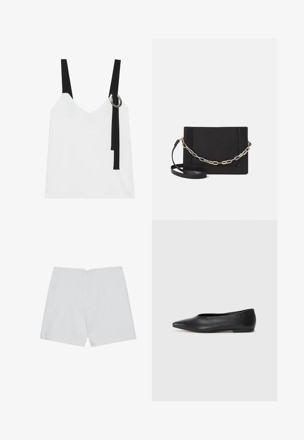 Hvit ermeløs topp med V-hals, med svarte stropper og en sølvringdetalj. Glatt stoff og et moderne, minimalistisk design.; Hvite shorts med skreddersydd design, flat front, to sidelommer og en ren kant. Laget av et glatt stoff uten synlige mønstre.; Sorte lærballerina med spiss tå, minimalistisk design, glatt tekstur, lav hæl uten synlig metall eller dekorasjoner.; Svart lær crossbody-veske med glatt tekstur, rektangulær form og metallkjede detaljer på framsiden. Justerbar stroppe inkludert.