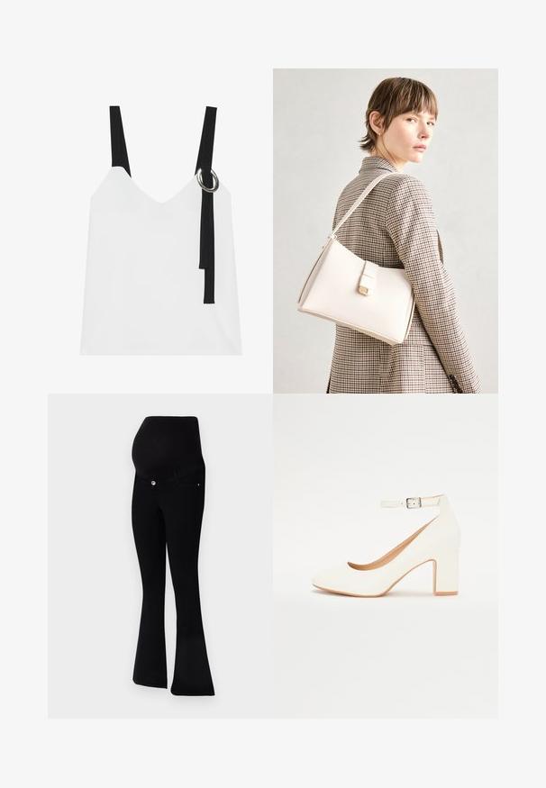 Bijela bezrukavna majica s V-izrezom, s crnim trakama i detaljem srebrnog prstena. Glatka tkanina i moderan, minimalistički dizajn.; Crne trudničke traperice s dizajnom širokih nogavica, mekim materijalom, visokim pojasom za podršku i prednjim kopčanjem na dugme.; Bijela visoko potpetasta cipela s oštrim prstom, blok petom i remenom oko gležnja. Glatka površina s suptilnim sjajem i bež unutarnjom oblogom.; Bijela kožna torba s čvrstim dizajnom, s magnetskim kopčanjem i remenom za rame, prikazana na neutralnoj pozadini.