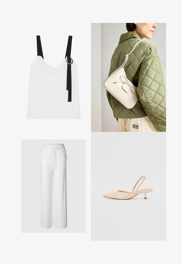 Biała bezrękawnikowa bluzka z dekoltem w serek, z czarnymi ramiączkami i srebrnym detalem w kształcie pierścienia. Gładki materiał i nowoczesny, minimalistyczny design.; Białe spodnie o szerokich nogawkach wykonane z lekkiego materiału, z elastycznym paskiem w talii i sznurkiem oraz gładką fakturą.; Beżowe lakierowane czółenka na odkrytej pięcie z zasunięciem, z ostrym noskiem i smukłym, kwadratowym obcasem. Gładka faktura i minimalistyczny design bez zdobień.; Beżowa skórzana torebka na ramię z kokardką, złotymi detalami i pojedynczym regulowanym paskiem, noszona na zielonej pikowanej kurtce.