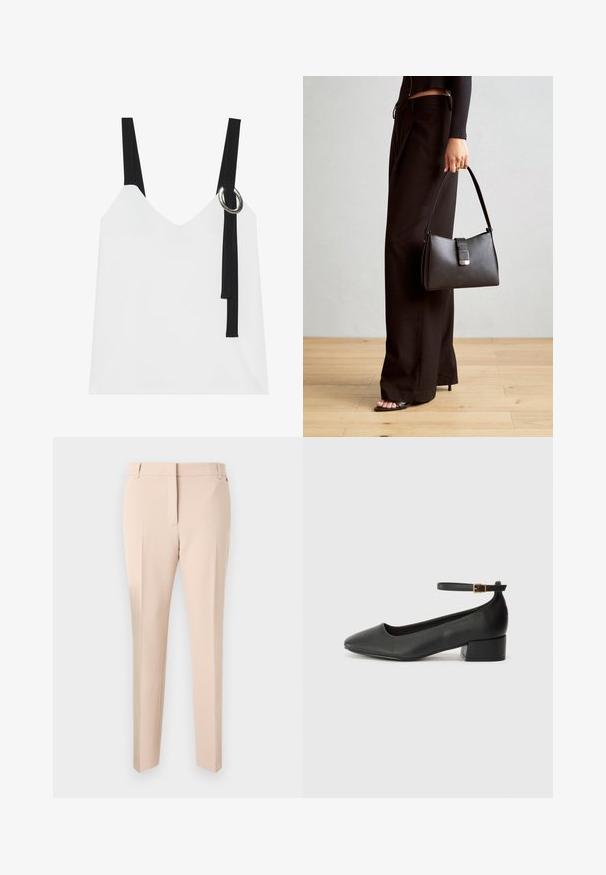 Top blanco sin mangas con escote en V, con tirantes negros y un detalle de anillo plateado. Tejido suave y un diseño moderno y minimalista.; Pantalones beige a medida con frente plano, trabillas para cinturón, dos bolsillos laterales y un diseño de pierna recta. Textura de tejido suave y detalles mínimos.; Zapato de tacón negro de cuero con punta afilada y tacón bajo cuadrado. Presenta una correa para el tobillo con una hebilla en tono dorado. Textura suave.; Bolso negro con forma estructurada, textura suave y un cierre metálico. Combinado con pantalones anchos negros y sandalias de dedo en un suelo de madera.