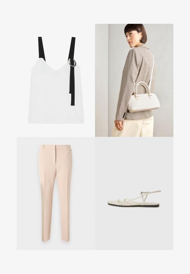Balta bez piedurknēm topa ar V-veida kakla izgriezumu, ar melnām siksnām un sudraba gredzenu. Gluda auduma un mūsdienīgs, minimālistisks dizains.; Beige pielētas bikses ar taisnu priekšpusi, jostu cilpām, divām sānu kabatām un taisnu kāju dizainu. Gluda auduma tekstūra un minimālas detaļas.; Bežīgas plakanas čības ar vairākiem plāniem siksniņām un regulējamu sprādzi. Zole ir plakana ar nelielu tumšu kontrastu malā.; Balta strukturēta roku soma ar īsām rokturiem un plecu siksnu, ar zelta aparatūras akcentiem un strukturētu materiālu, izstādīta uz pelēka fona.