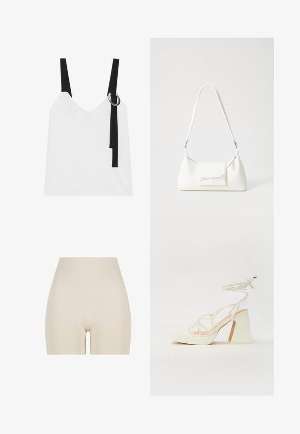 White sleeveless top with a V-neck, featuring black straps and a silver ring detail. Smooth fabric and a modern, minimalist design.; Beige shorts with a smooth texture, high ribbed waistband, and an elastic fit, featuring a mid-thigh length and no visible patterns.; White high-heeled sandal with a chunky heel, featuring a strappy design and ankle tie. Smooth texture with a platform front for added height.; White synthetic handbag with a triangular shape, flat front flap and bow detail, adjustable strap, smooth texture, and minimalistic design.