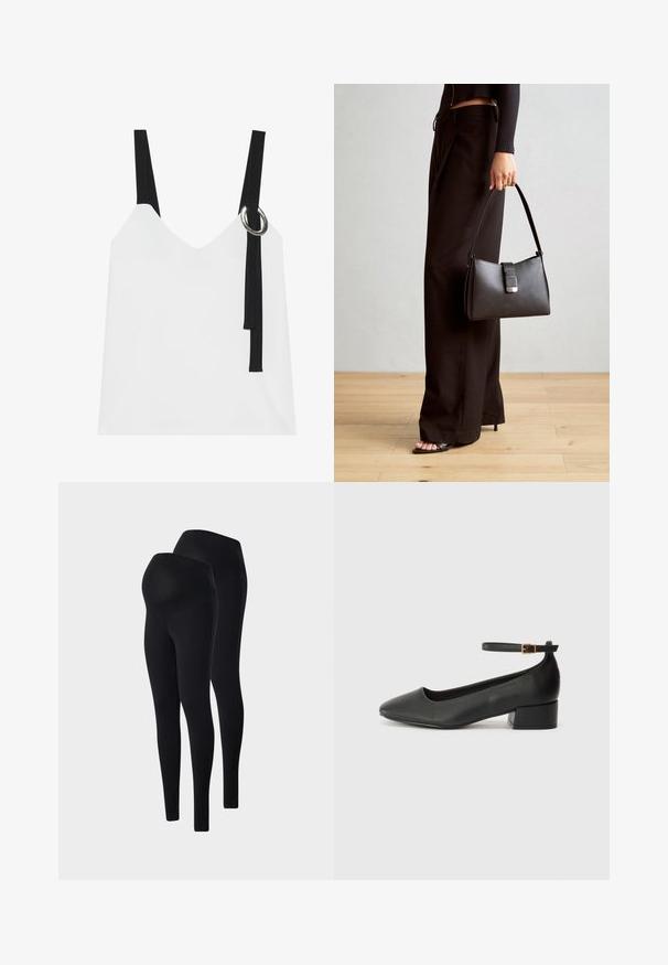 Balta bez piedurknēm topa ar V-veida kakla izgriezumu, ar melnām siksnām un sudraba gredzenu. Gluda auduma un mūsdienīgs, minimālistisks dizains.; Melni grūtniecības legingi, kas izgatavoti no elastīga auduma. Izceļas ar augstu, elastīgu jostasviedu un gludu tekstūru. Pieejami divu iepakojumā.; Melnas ādas sūkņi ar smailu purngalu un zemu bloku papēdi. Iezīmēts ar potītes siksniņu ar zelta krāsas sprādzi. Gluda tekstūra.; Melnā somiņa ar strukturētu formu, gludu tekstūru un metālu sprādzi. Saskaņota ar platām melnām biksēm un sandālēm ar atvērtu purngalu uz koka grīdas.