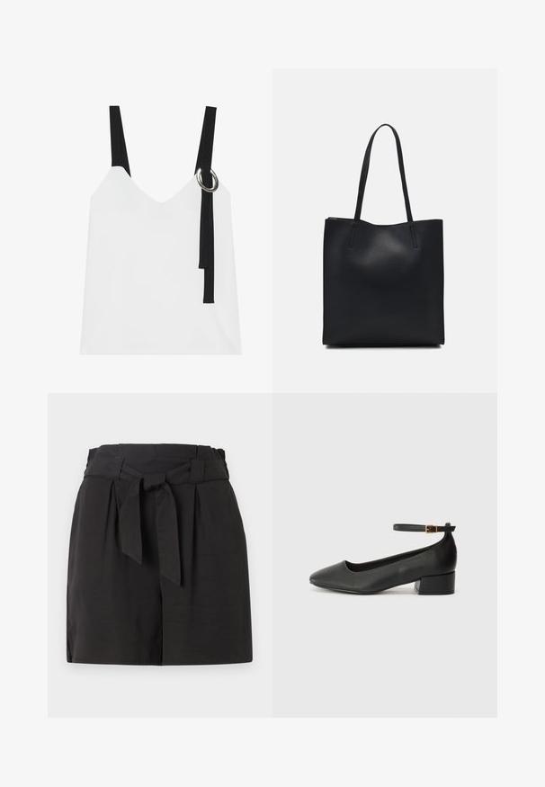 Top alb fără mâneci, cu decolteu în V, având bretele negre și un detaliu cu inel argintiu. Țesătură netedă și un design modern, minimalist.; Pantaloni scurți negri cu un talie pliată și detaliu de legare. Confecționați dintr-un material neted, cu un croi ajustat și fante laterale pentru confort.; Pantof cu toc negru din piele, cu vârf ascuțit și toc mic pătrat. Dispune de o curea la gleznă cu o cataramă în tonuri de aur. Textură netedă.; Geantă tote neagră din piele, cu textură netedă, formă rectangulară și două mânere lungi. Fără hardware vizibil sau ornamente.