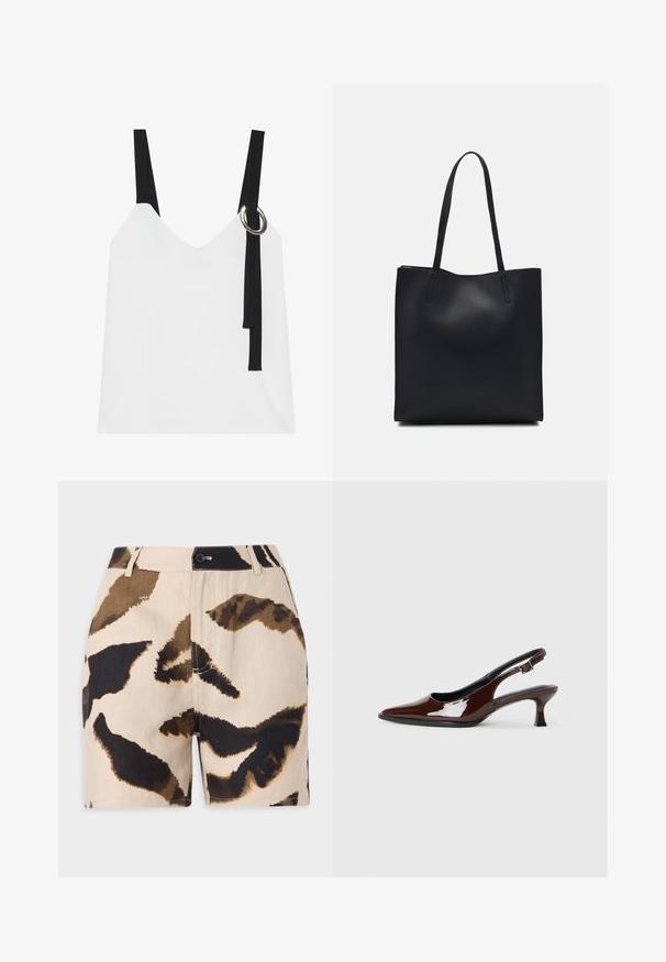 Hvit ermeløs topp med V-hals, med svarte stropper og en sølvringdetalj. Glatt stoff og et moderne, minimalistisk design.; Beige shorts med brunt og svart abstrakt dyremønster, med knappelukking, beltehemper, og teksturert stoff.; Brune patentlæder slingback sko med spids tå og moderat hæl. Har en spænde rem for sikker pasform. Glat tekstur.; Svart lær tote bag med glatt tekstur, rektangulær form og to lange håndtak. Ingen synlige deler eller dekorasjoner.