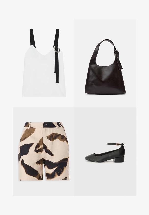 Valge ilma varrukateta top, millel on V-kujuline kaelus, mustade rihmade ja hõbedase rõngaste detailiga. Sile kangas ja kaasaegne, minimalistlik disain.; Bežid lühikesed püksid pruunide ja mustade abstraktsete looma mustritega, millel on nupulukustus, vöökohad ja tekstuuriga kangas.; Must mustaapp, millel on terav nina ja madal blokk-kand. Omab pahkluu rihma koos kuldse tooni pandlaga. Sile tekstuur.; Pruun nahkne õlakott sujuva tekstuuriga, ümar kuju, laia rihmaga ja ümara metallise aktsendiga käepidemel.