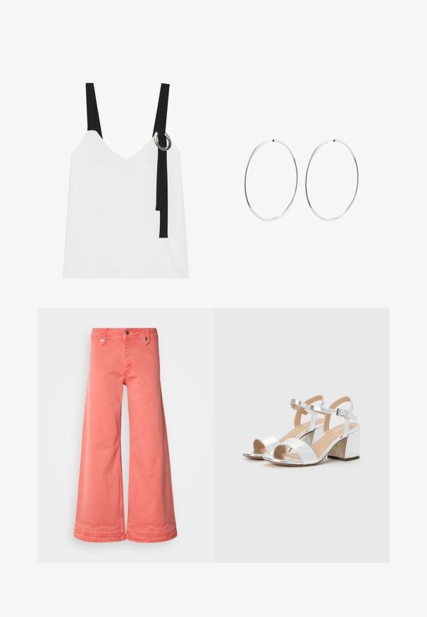 Balta bez piedurknēm topa ar V-veida kakla izgriezumu, ar melnām siksnām un sudraba gredzenu. Gluda auduma un mūsdienīgs, minimālistisks dizains.; Koraļļu platā kāju bikses, kas izgatavotas no kokvilnas, ar pieciem kabatām, metāla detaļām un gludu apdari pie malām. Iespējams klasiskā pogu un rāvējslēdzēja aizdare.; Sudraba augstpapēžu sandales ar atvērtām pirkstiem, ar divām platām siksnām un noapaļu blokpapēdi. Gluda tekstūra ar metalizētu apdari.; Sudraba riņķa auskari ar gludu, apaļu dizainu un pulētu apdari. Tie ir plāni un viegli, ar vienkāršu aizdari.