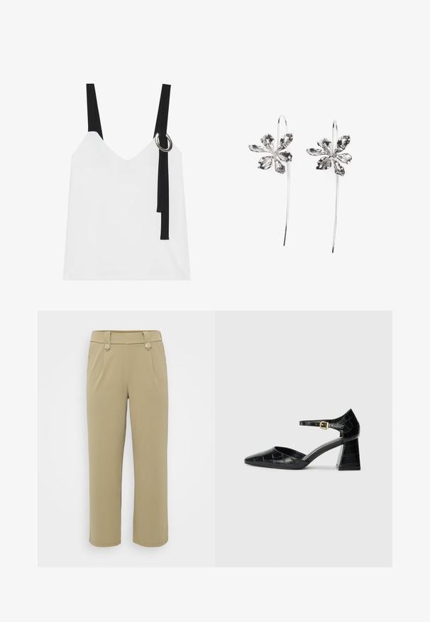 Top sem mangas branco com decote em V, apresentando alças pretas e um detalhe em forma de argola prateada. Tecido suave e um design moderno e minimalista.; Calças caqui com uma textura suave, corte largo, dois bolsos frontais e dois detalhes em botão na cintura. Design de frente lisa.; Sapato de salto alto em couro envernizado preto com bico apontado, tira no tornozelo e padrão texturizado de crocodilo. Design de salto quadrado.; Brincos em forma de flor prateados com um acabamento texturizado, apresentando ganchos longos e detalhes semelhantes a pétalas para um design intrincado.