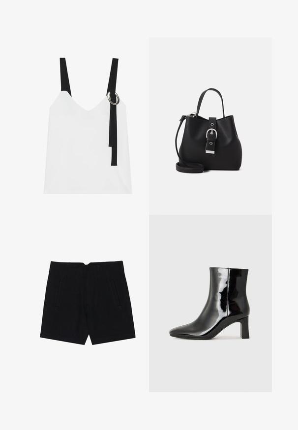 Hvit ermeløs topp med V-hals, med svarte stropper og en sølvringdetalj. Glatt stoff og et moderne, minimalistisk design.; Svart shorts laget av et glatt stoff, med sidelommer, en skreddersydd passform og strukturerte folder foran for en ren silhuett.; Sorte patentlær ankle boot med spiss tå og en mellomhøy blokkhelt. Glatt tekstur og minimalistisk design.; Svart bøttehåndveske laget av glatt lær, med en strukturert form, kort håndtak og avtakbar skulderrem. Sølvspenne detaljer.