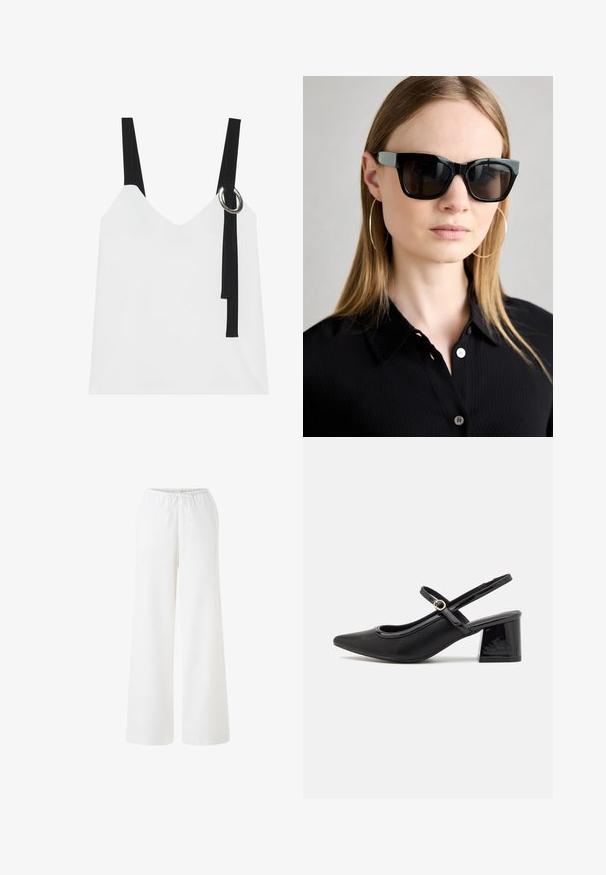 Weißes ärmelloses Top mit V-Ausschnitt, ausgestattet mit schwarzen Trägern und einem silbernen Ringdetail. Glatte Stoffoberfläche und ein modernes, minimalistisches Design.; Weiße weit geschnittene Hose aus leichten Stoff mit elastischem Bund und Kordelzug. Glatte Textur, keine Muster oder auffällige Details sichtbar.; Schwarze Lackleder-Slingback-Absätze mit spitzer Zehenform, einem runden Ausschnitt-Design und einem Blockabsatz. Mit einem goldfarbenen Schnallenakzent.; Schwarze rechteckige Sonnenbrille mit glänzender Oberfläche, silberner Akzent an den Schläfen, getragen von einem Model mit langen glatten Haaren und einem schwarzen Shirt.; Schwarze Handtasche mit strukturierter Form, glatter Textur und einem metallischen Verschluss. Kombiniert mit weiten schwarzen Hosen und offenen Sandalen auf einem Holzboden.