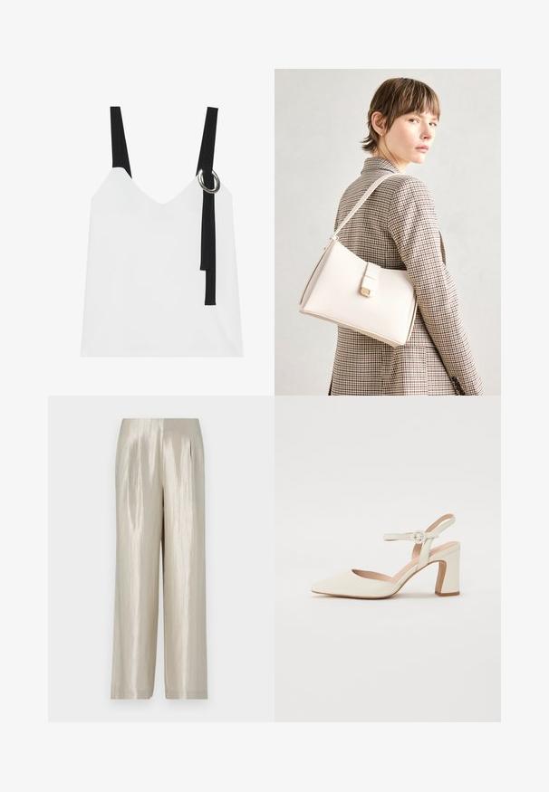 Top alb fără mâneci, cu decolteu în V, având bretele negre și un detaliu cu inel argintiu. Țesătură netedă și un design modern, minimalist.; Pantaloni dintr-un satin bej deschis cu o textură netedă, având talie înaltă, picioare late și pliuri subtile pentru un detaliu suplimentar.; Pantof cu vârful ascuțit, de culoare crem, cu toc pătrat. Dispune de o curea subțire la glezna cu o cataramă rotundă și o textură netedă a pielii.; Geantă de mână din piele albă cu un design structurat, având o închidere magnetică și un breteau, expusă pe un fundal neutru.